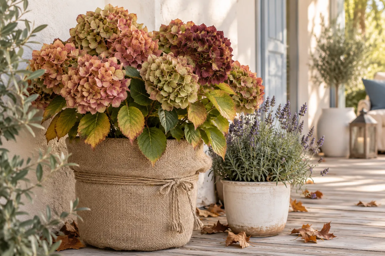 Hortensie im Terrakottakübel mit herbstlich verfärbten Blüten, der Topf in Jute eingepackt, an einer weißen Hauswand