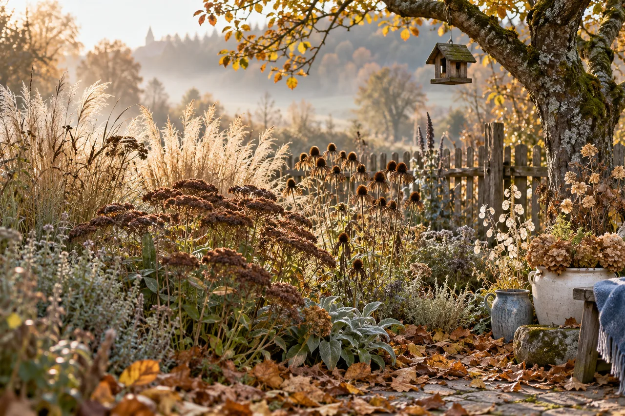 Herbstlaub und Samenstände von Stauden im Beet, dahinter ein Holzzaun, ein Vogelhäuschen aus Holz hängt am Apfelbaum