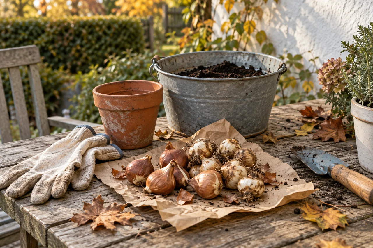 Blumenzwiebeln, ein Zinkeimer mit Erde, eine kleine Handschaufel und Gartenhandschuhe auf einem Holztisch im Herbstlicht