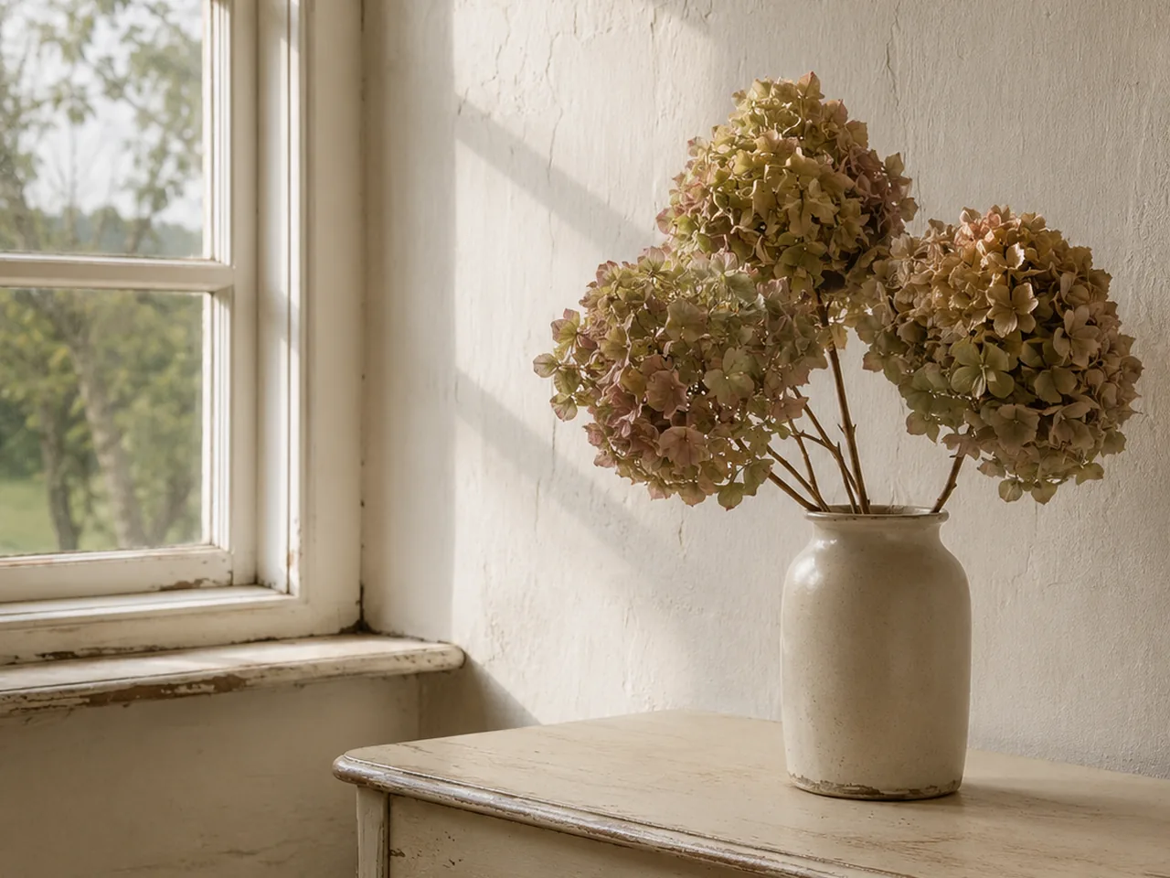 Getrocknete Hortensien in Altrosa und Gr&uuml;n in heller Vase auf einer Kommode