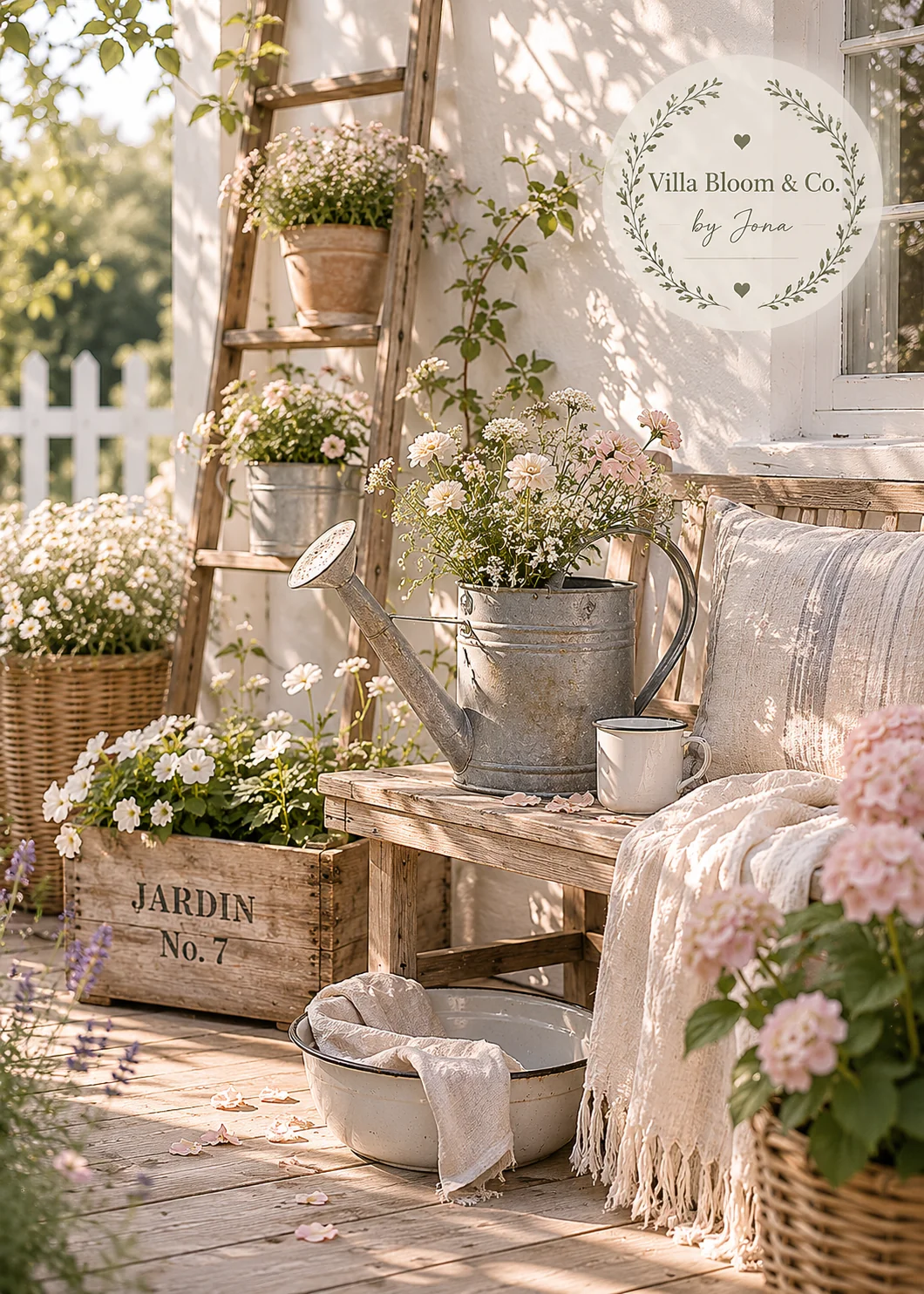 Flea market still life in the garden with old wooden ladder as plant stand, wooden crate stamped 