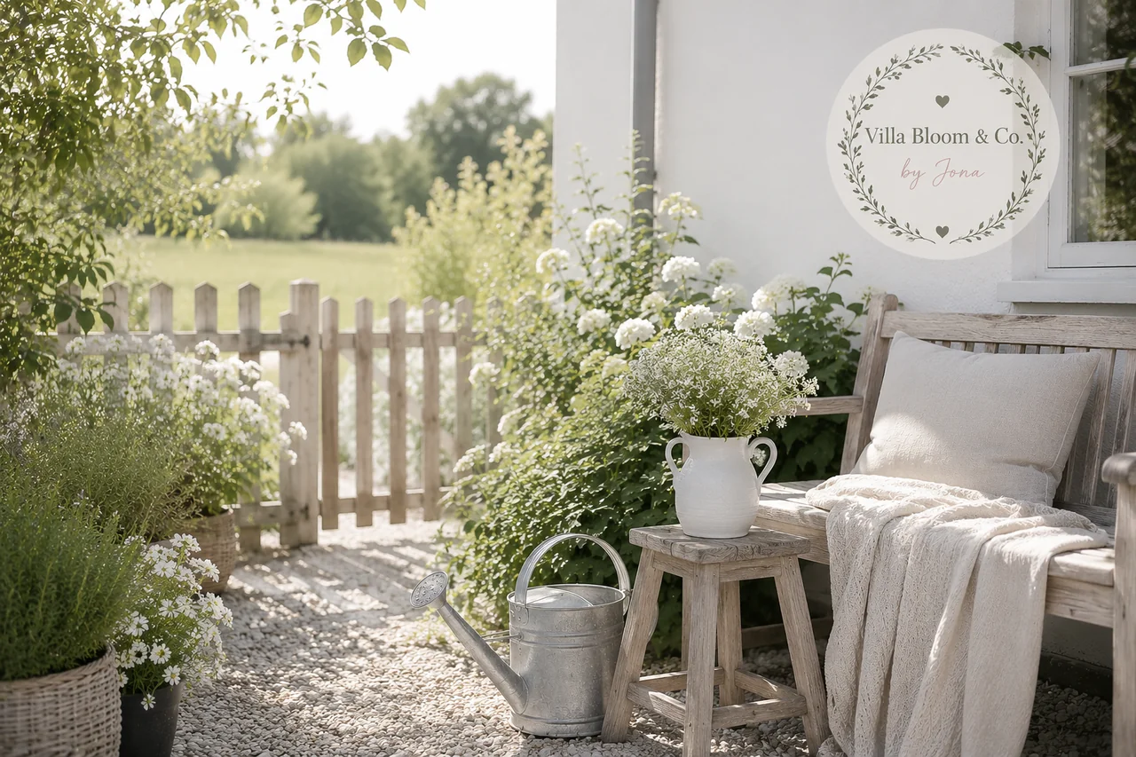 Tranquil garden corner in country house style with white wooden bench, linen cushion, pitcher with white hydrangeas on a small stool, zinc watering can on gravel and white picket fence