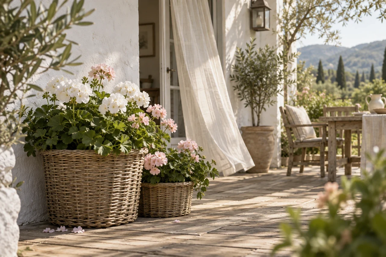 Weiß und rosa blühende Geranien in Rattankörben auf einer sonnigen Terrasse