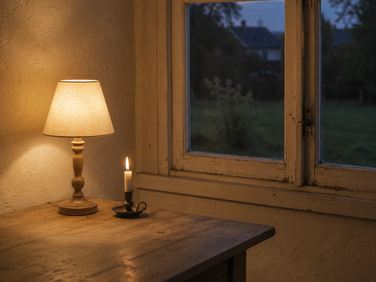 Kleine Tischlampe und Kerze am fr&uuml;hen Septemberabend vor d&auml;mmrigem Fenster