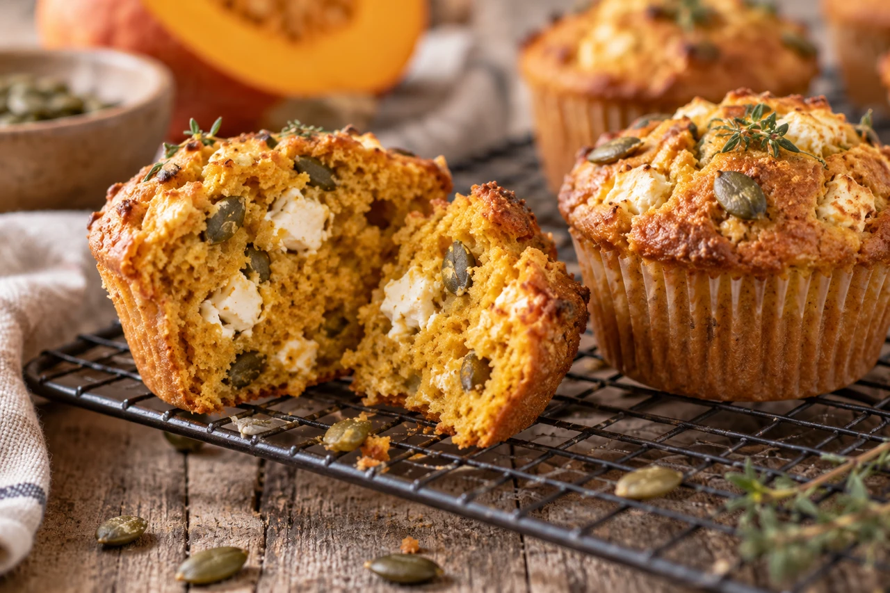 Aufgebrochener Kürbis-Feta-Muffin auf dem Kuchengitter, Fetawürfel und Kürbiskerne in der orangefarbenen Krume, Thymian obenauf