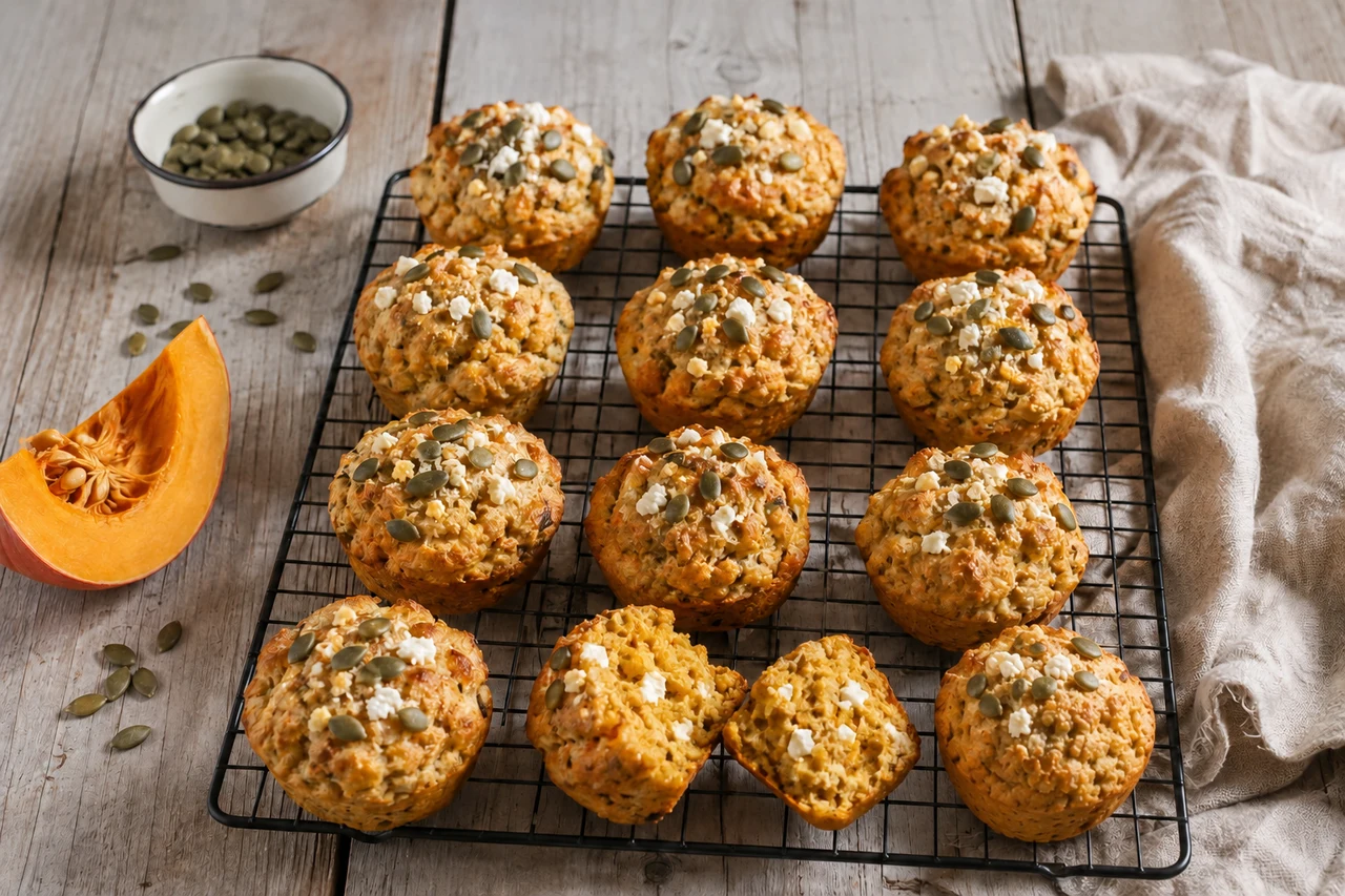 Zwölf herzhafte Kürbis-Feta-Muffins auf einem Kuchengitter, einer aufgebrochen, daneben ein Stück Hokkaido und Kürbiskerne