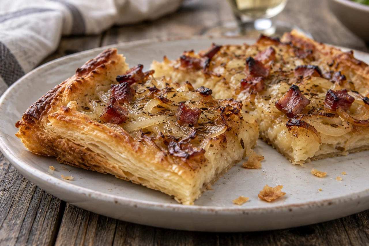 Zwei Zwiebelkuchen-Quadrate auf einem hellen Teller, Speckwürfel und Kümmel obenauf, Blätterteigschichten im Anschnitt sichtbar