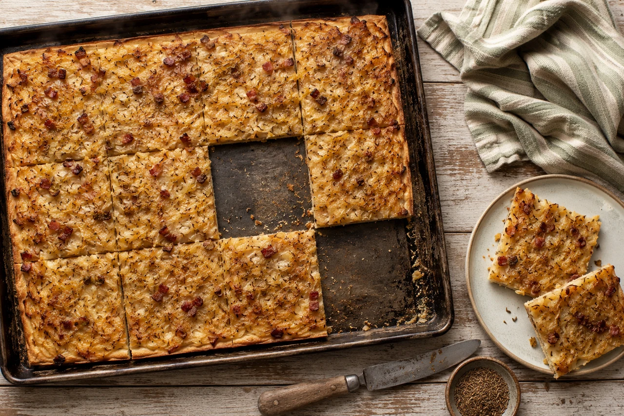 Zwiebelkuchen vom Blech in Quadrate geschnitten, zwei Stücke bereits auf einem Teller, daneben Messer und eine Schale Kümmel