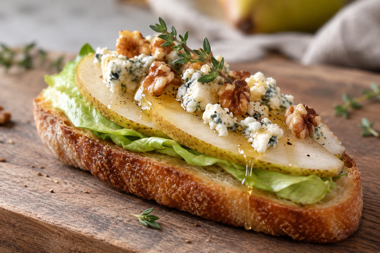 Nahaufnahme einer Birnen-Crostini mit Blauschimmelkäse, Walnuss und Thymian auf geröstetem Baguette