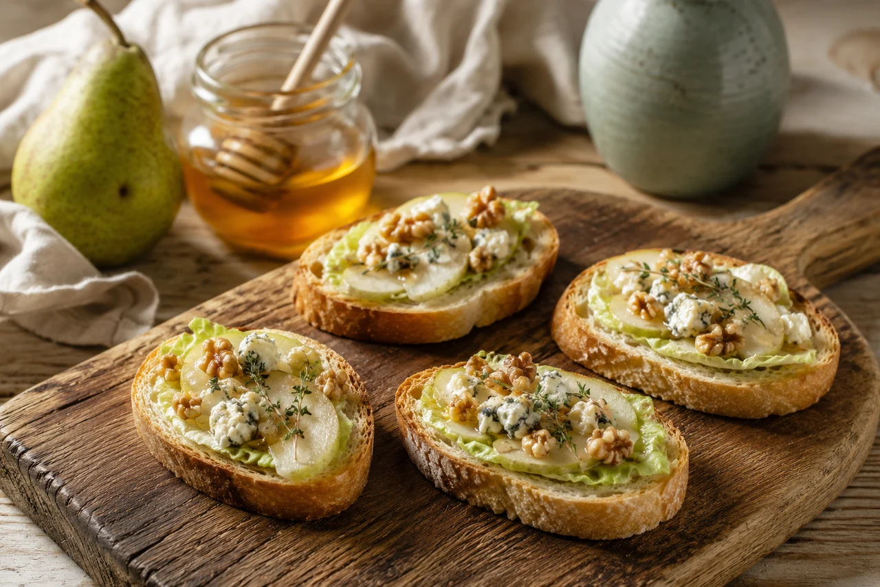 Vier geröstete Baguettescheiben auf einem rustikalen Holzbrett, jede mit einem hellgrünen Romanablatt als Unterlage, darauf dünne Birnenspalten, zerbröselter Blauschimmelkäse, grob gehackte Walnüsse, ein Faden Honig und frischer Thymian; dahinter eine ganze Birne, ein Honigglas mit Holzlöffel und ein blassgrünes Keramikgefäß
