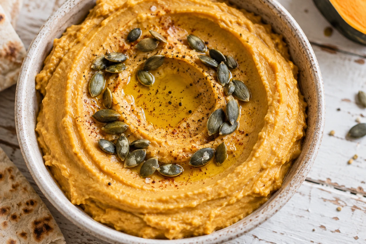 Nahaufnahme der Schale mit Kürbis-Hummus, Ölmulde in der Mitte und einem Kranz aus Kürbiskernen