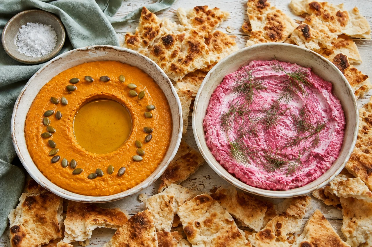 Zwei Schalen mit Dip nebeneinander: orangefarbener Kürbis-Hummus mit Ölmulde und Kürbiskernen, daneben rosafarbener Rote-Bete-Dip mit Dill, ringsum gerissene Brotchips