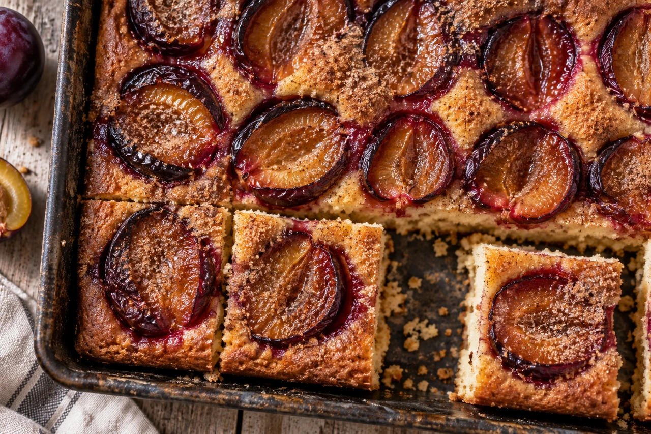 Nahaufnahme der glänzenden Zwetschgenhälften auf dem Blechkuchen, eine Reihe bereits in Quadrate geschnitten