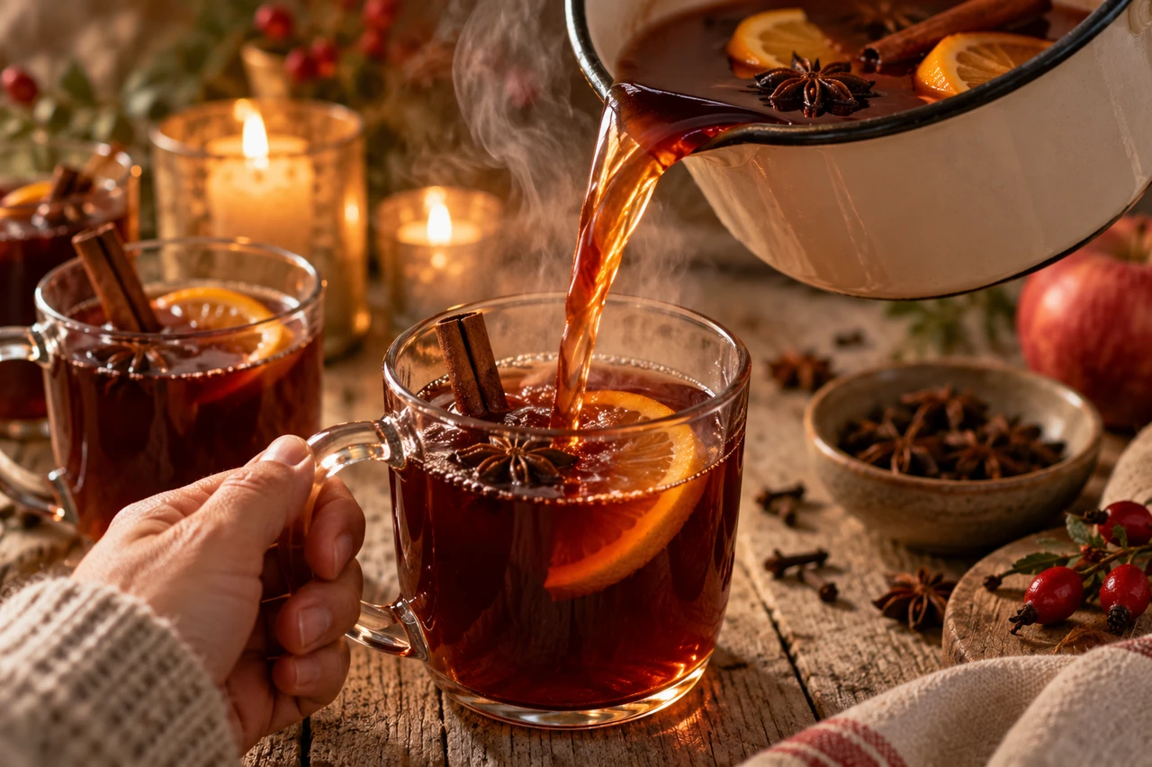 Dampfender Punsch läuft aus dem Emailletopf in eine Glastasse mit Orangenscheibe, Zimtstange und Sternanis, eine Hand hält den Henkel