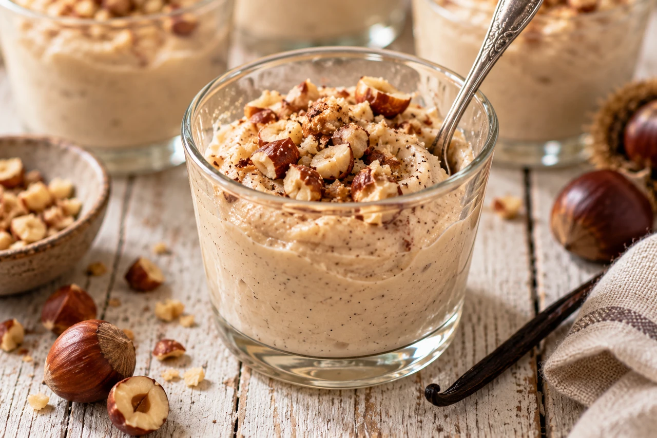 Nahaufnahme eines Dessertglases mit Maronen-Vanille-Creme, gehackte Haselnüsse obenauf, ein Löffel steckt darin