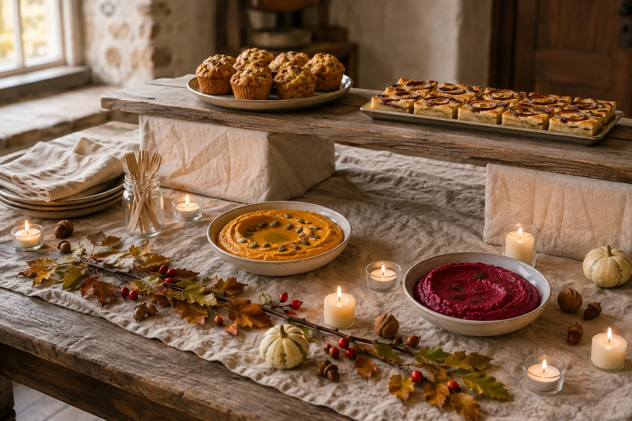 Buffettisch im Aufbau: zwei umgedrehte Kisten unter der Leinendecke tragen ein Brett als zweite Ebene mit Muffins und Zwiebelkuchen, davor Kürbis-Hummus und Rote-Bete-Dip, Teelichter und ein quer gelegter Zweig mit Hagebutten