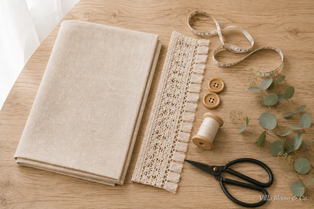Material für einen Tischläufer: glatter Leinenstoff, Häkelborte, zwei Holzknöpfe, Garnrolle, Maßband und Schere
