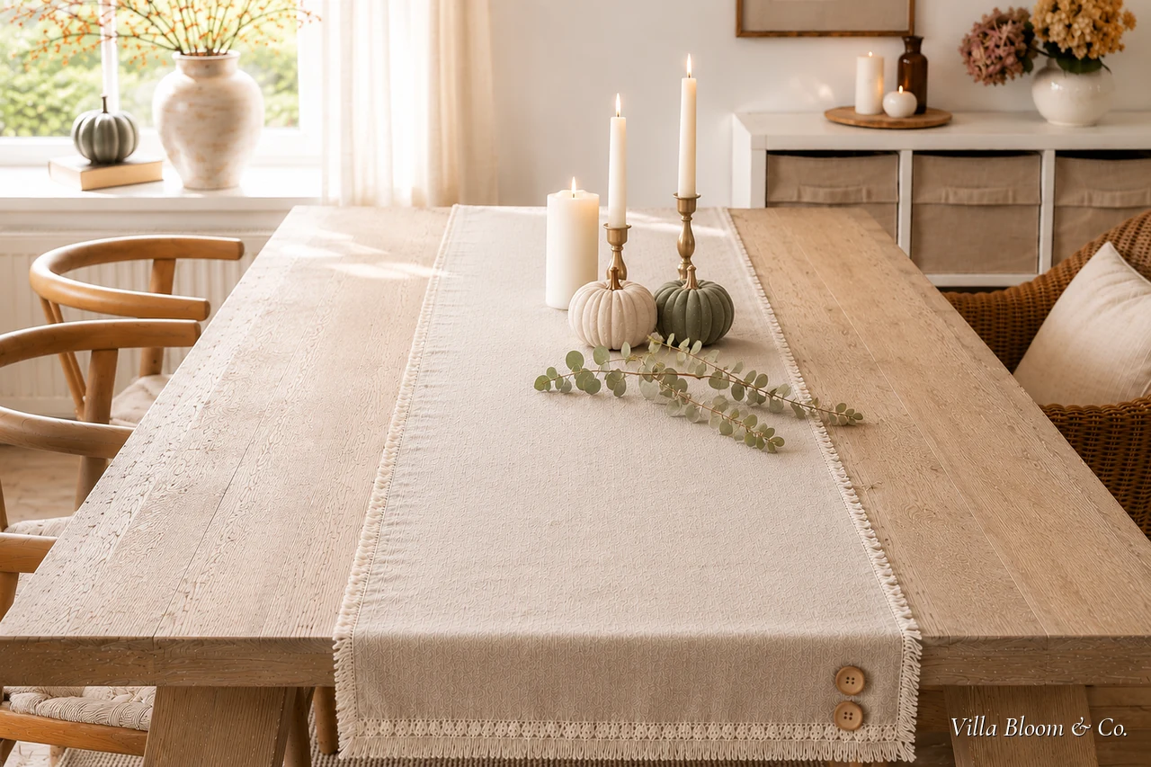 Herbsttisch mit Leinen-Tischläufer, Stoffkürbissen, Kerzen und Eukalyptus im Landhausstil