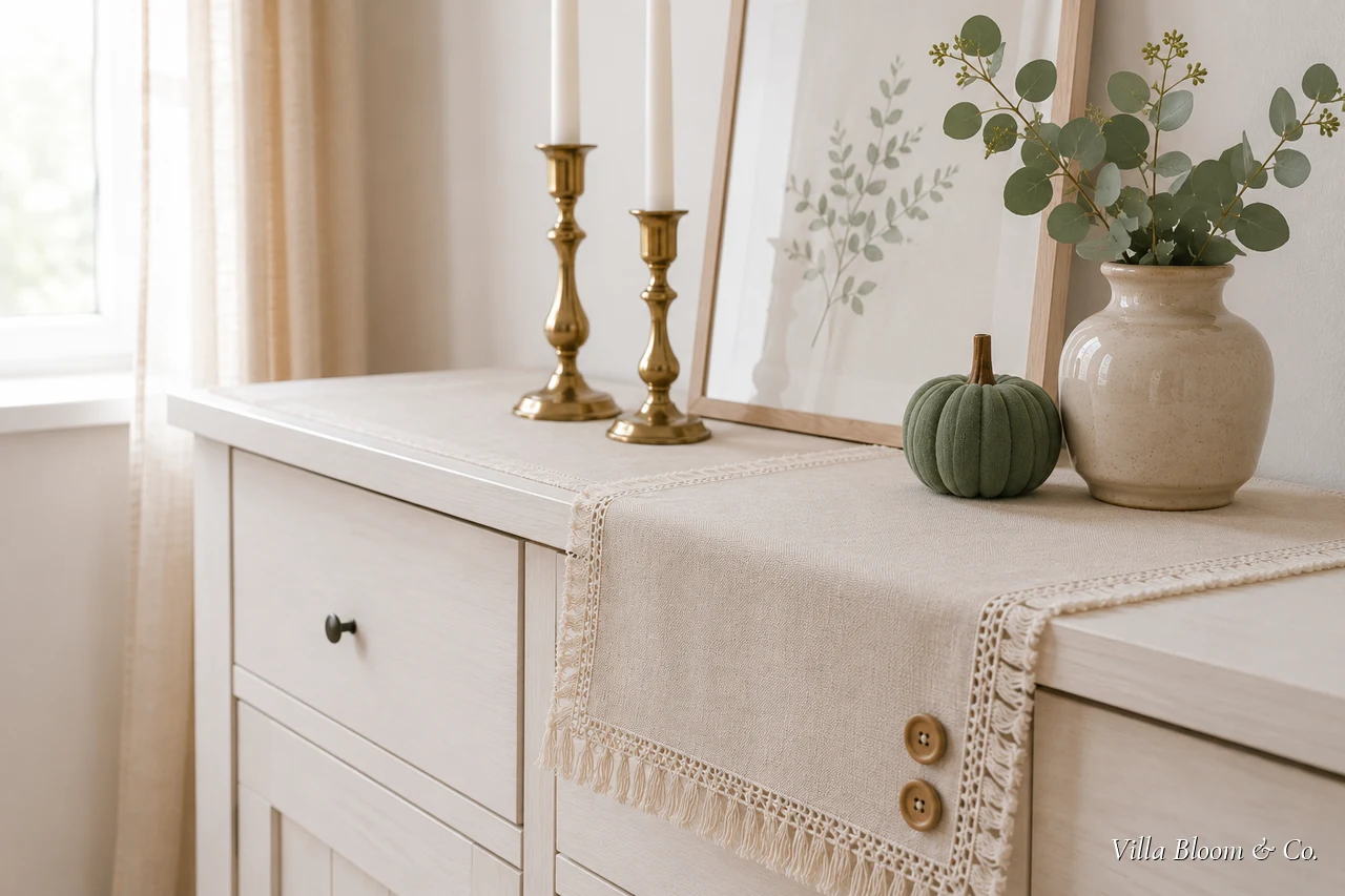 Leinen-Tischläufer auf einem Sideboard mit Kerzen, Eukalyptus in einer Keramikvase und einem Stoffkürbis