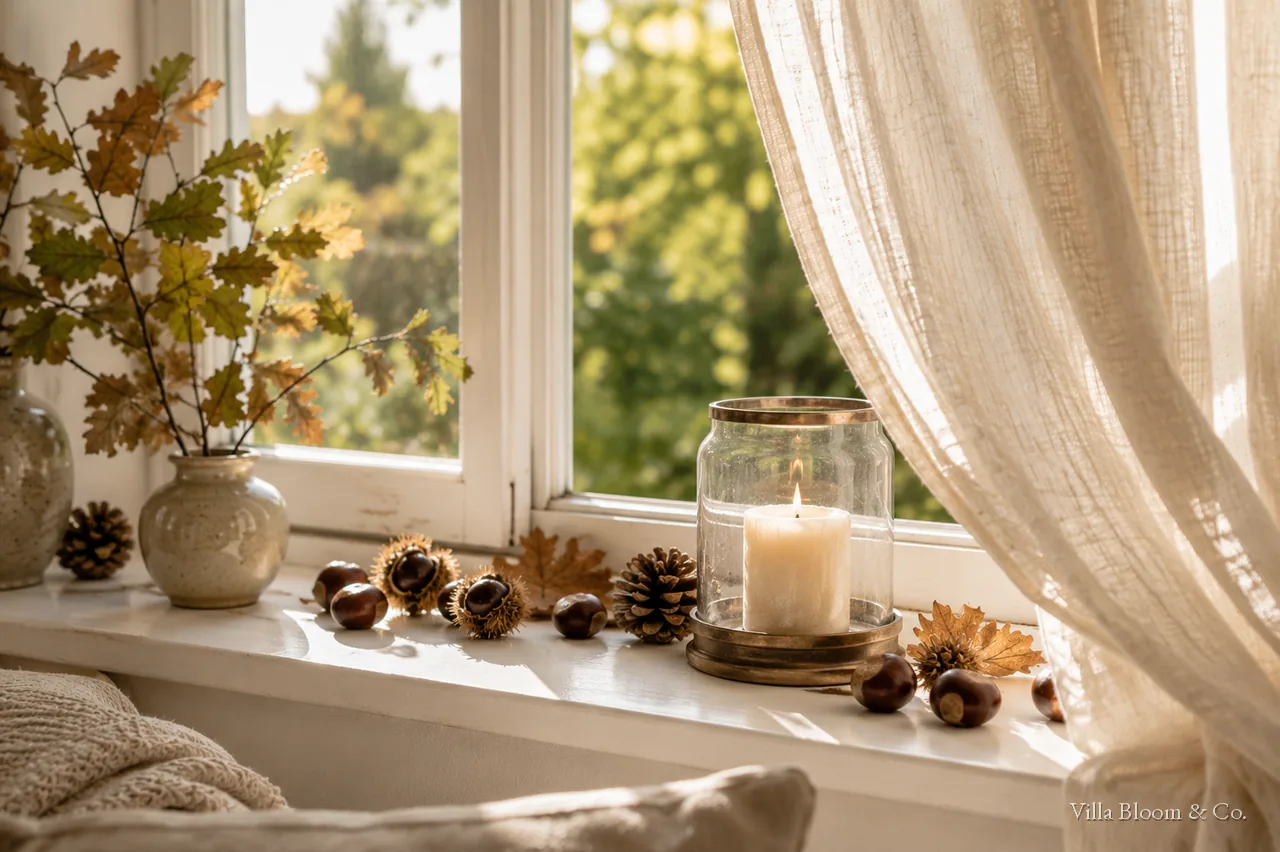 Country-house windowsill with autumn light, twigs and natural materials