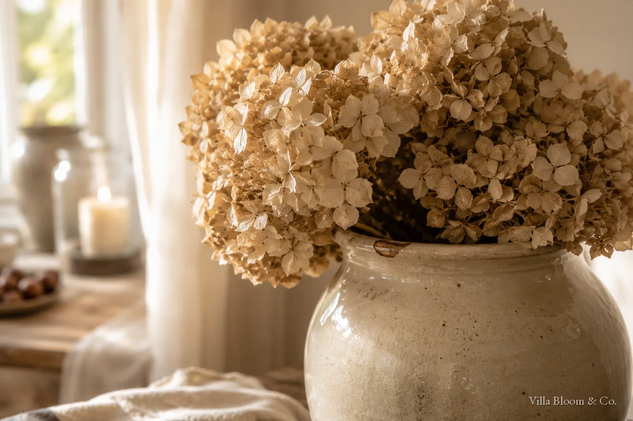 Dried hydrangeas in a ceramic vase as autumn decor