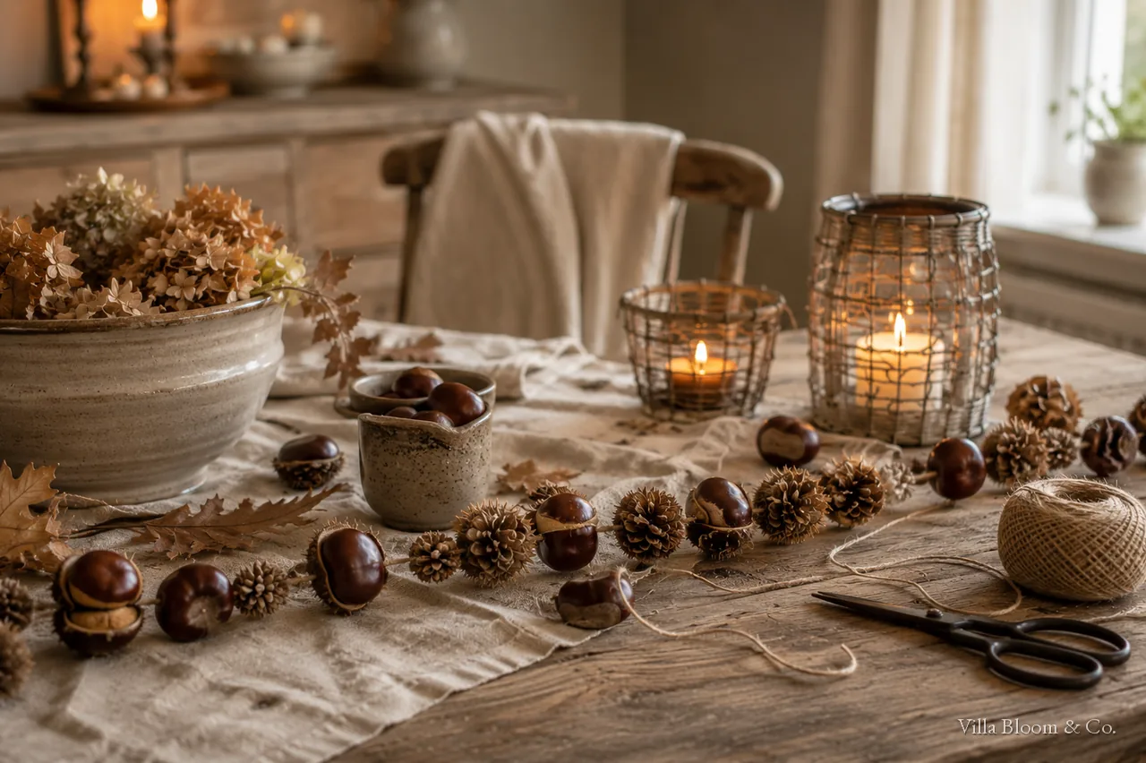 A conker garland and crafted conker figures as autumn decor