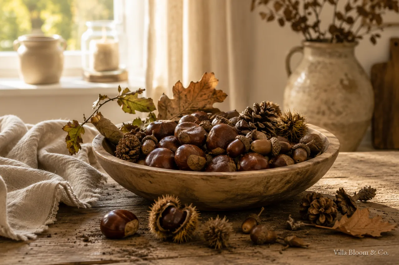 Conkers, acorns and pinecones in a wooden bowl, freshly foraged from the woods