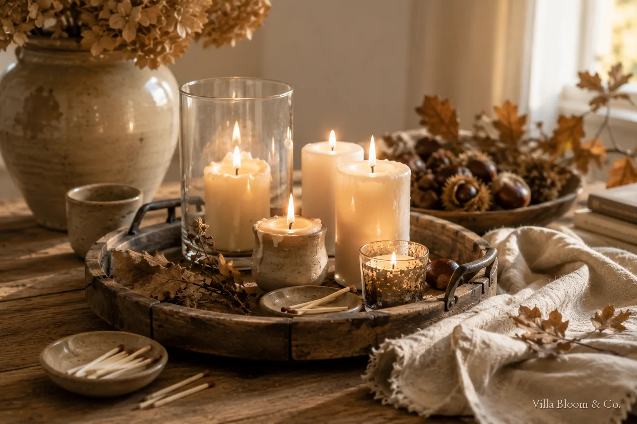 Tray with several candles and matches as cosy autumn decor