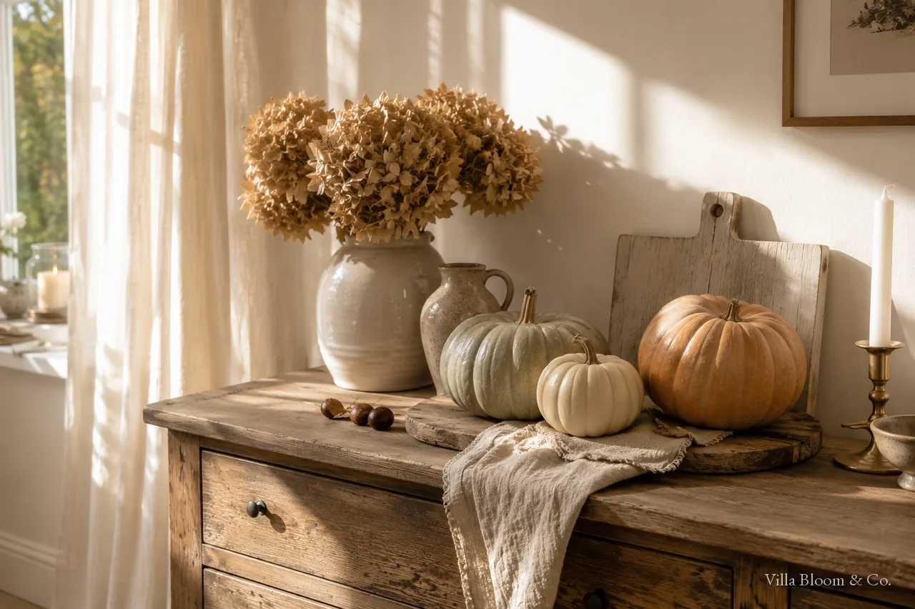 Various ornamental pumpkins styled on a country-house sideboard