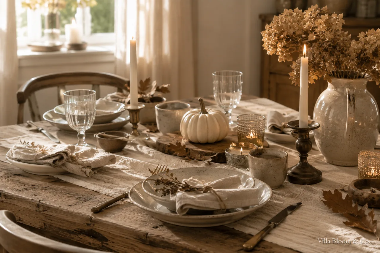 An autumn table setting with linen runner, candles and a small pumpkin