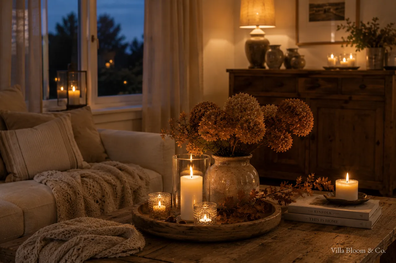 Country-house living room in a warm evening mood with candlelight