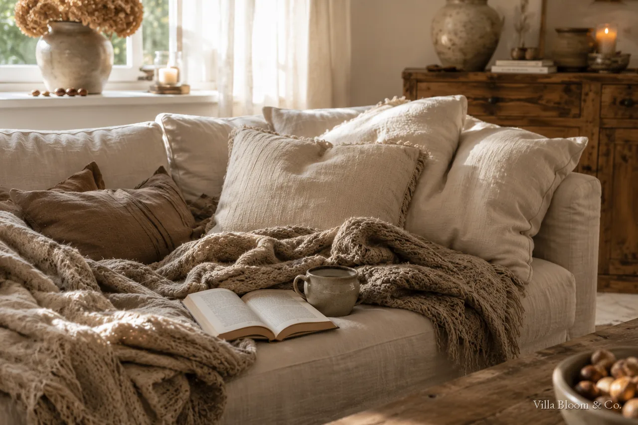 Wool blanket and linen cushions on a country-house style sofa