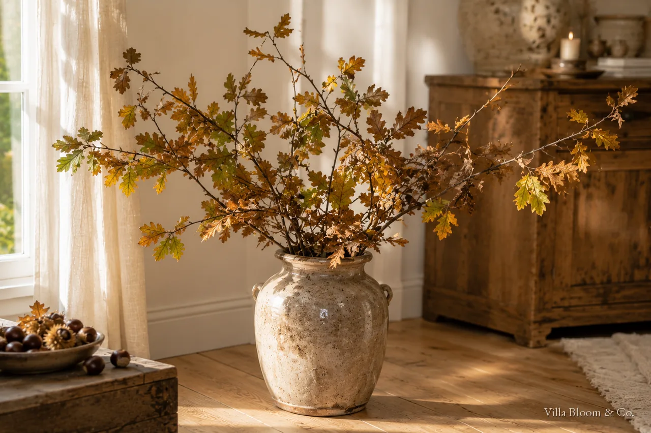 A large ceramic vase of autumn branches in country-house style