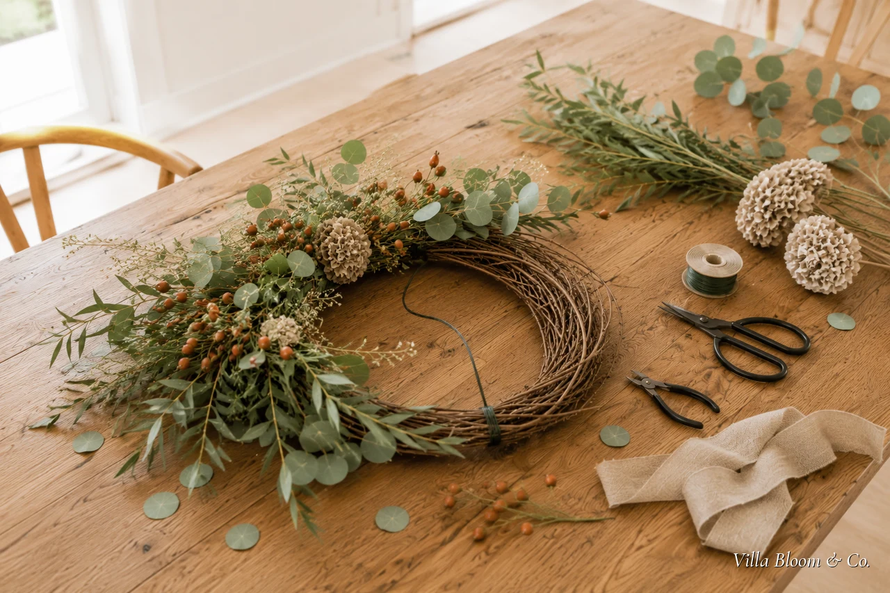 Detailaufnahme eines Herbstkranzes: Stoffkürbis, getrocknete Hortensie, Hagebutten und Eukalyptus