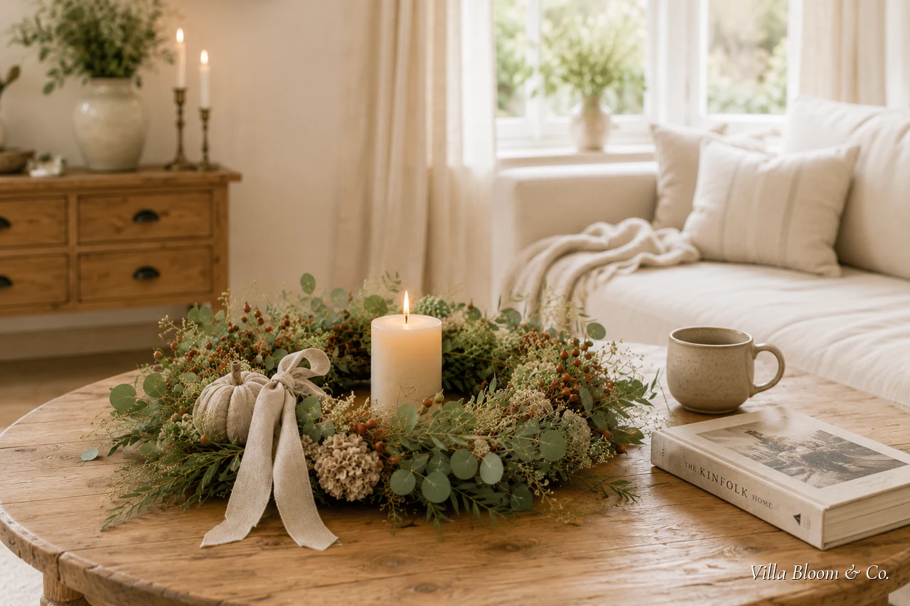 Material für einen Herbstkranz von oben: Kranzrohling, Eukalyptus, Trockenblumen, Hagebutten, Draht und Schere