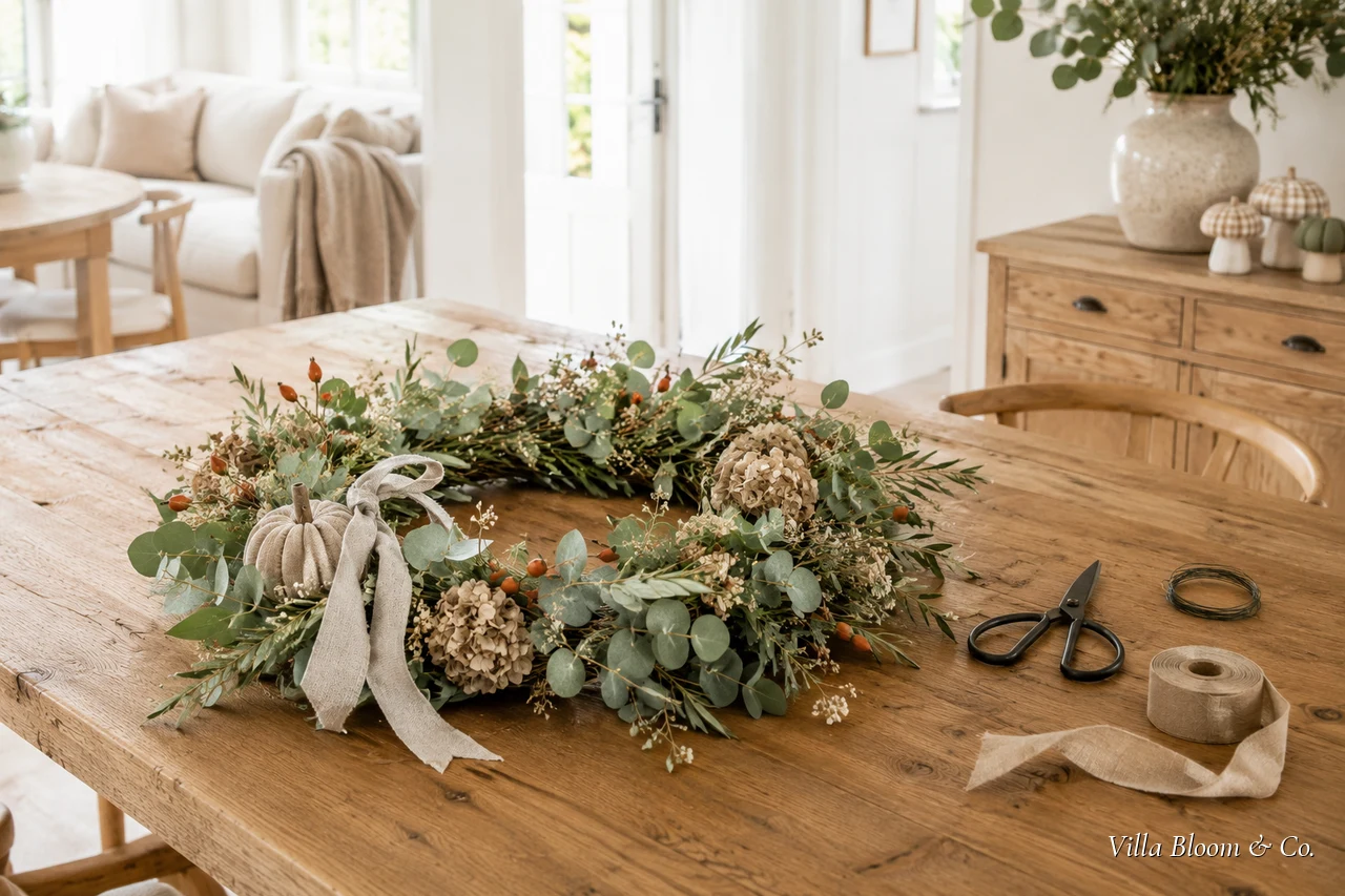Selbst gebundener Herbstkranz aus Eukalyptus und Trockenblumen an einer Tür im Landhausstil