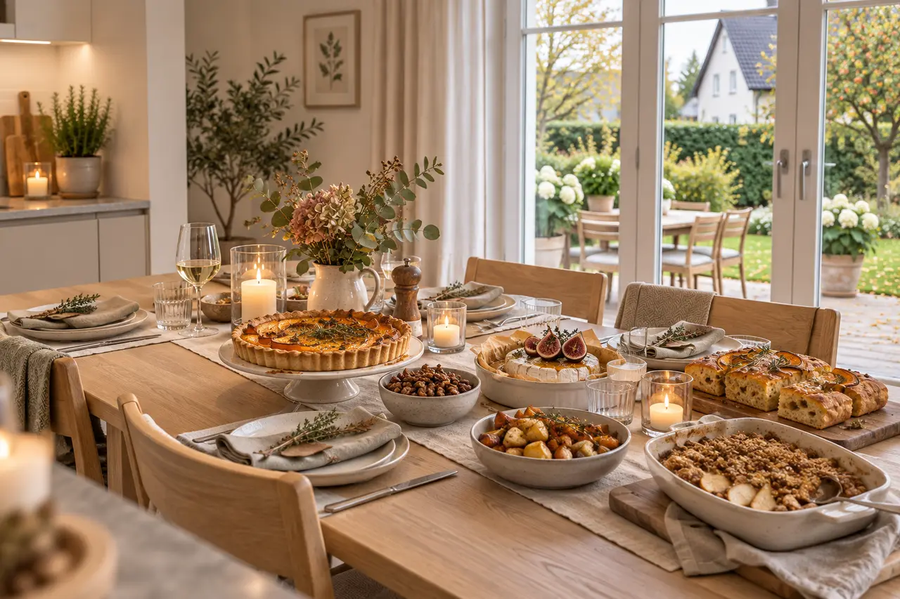 Herbstlich gedeckter Esstisch im Villa-Bloom-Haus mit Blick durch die Fenstertüren in den Garten
