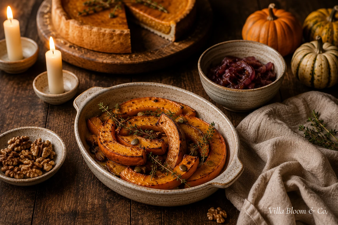 Herbstlich gedeckter Holztisch mit Ofenkürbis, Tarte, Walnüssen, Rotweinzwiebeln und brennenden Kerzen