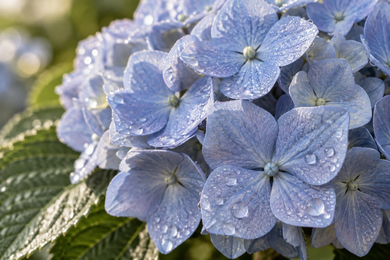 Nahaufnahme einer blauen Hortensienblüte mit Wassertropfen auf den vierblättrigen Einzelblüten