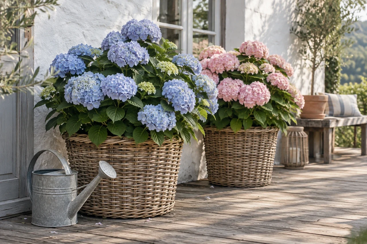 Blaue und rosa Hortensien in Rattankörben auf einer Holzterrasse