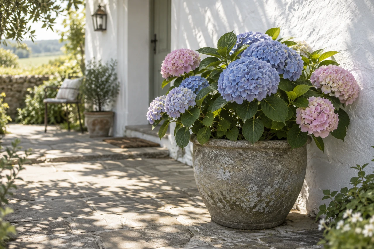 Hortensie im Steinkübel im Halbschatten an einer weiß gekalkten Hauswand