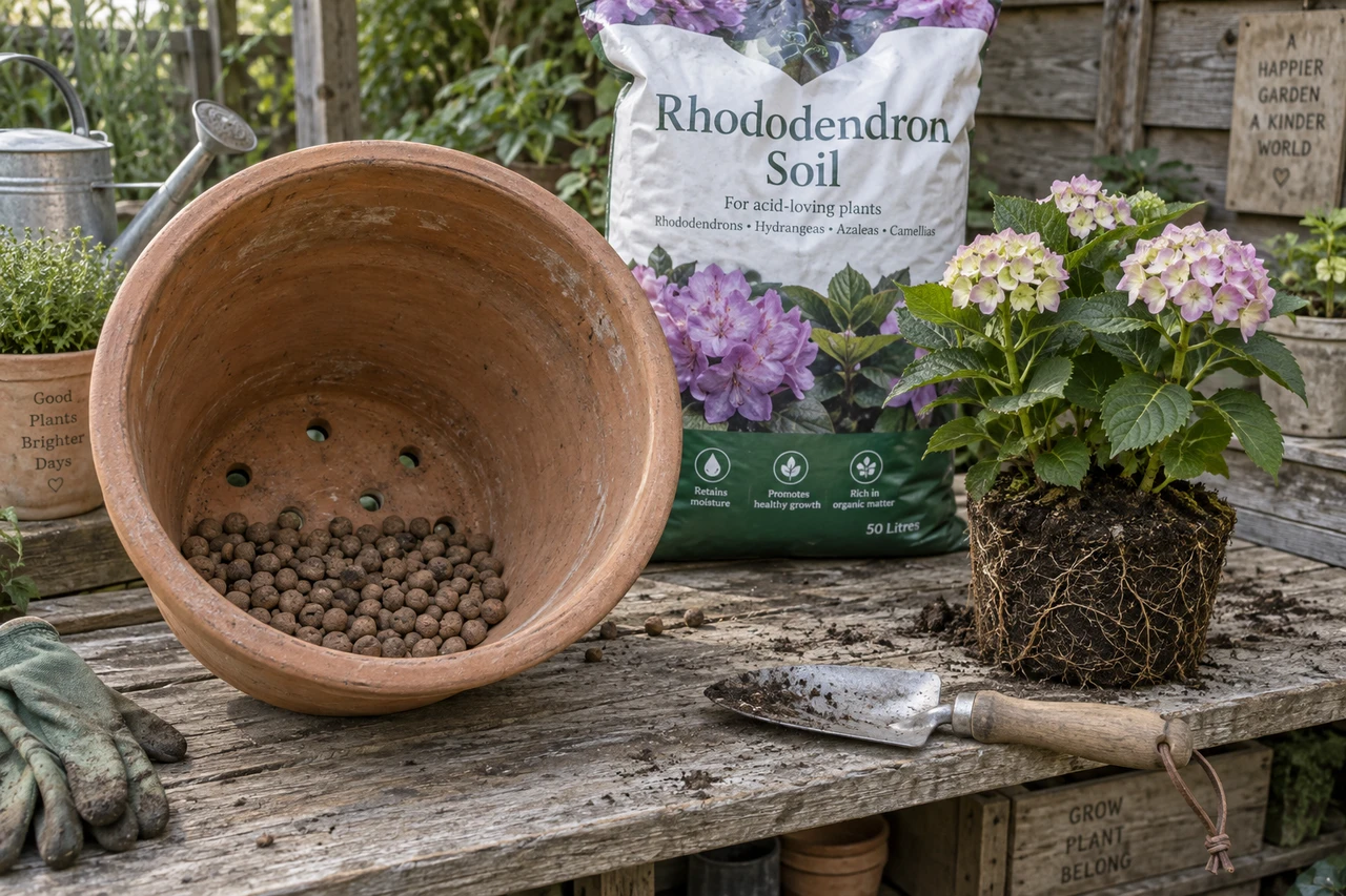 Leerer Terrakottatopf mit Drainagelöchern und Blähtonschicht, daneben Rhododendronerde und eine Hortensie mit Wurzelballen