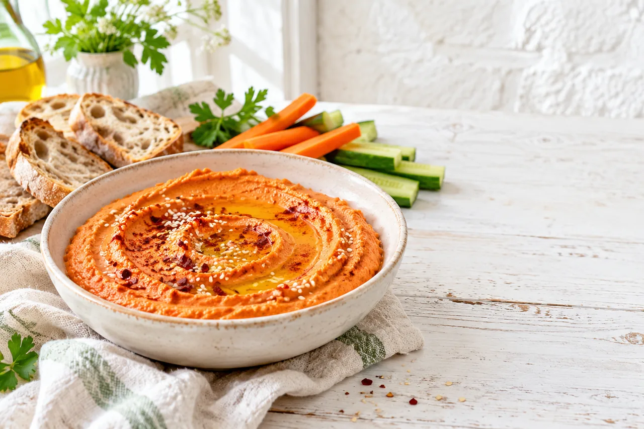 Schale mit orangefarbenem Paprika-Chili-Hummus, Öl, Sesam und Gemüsesticks auf hellem Holz