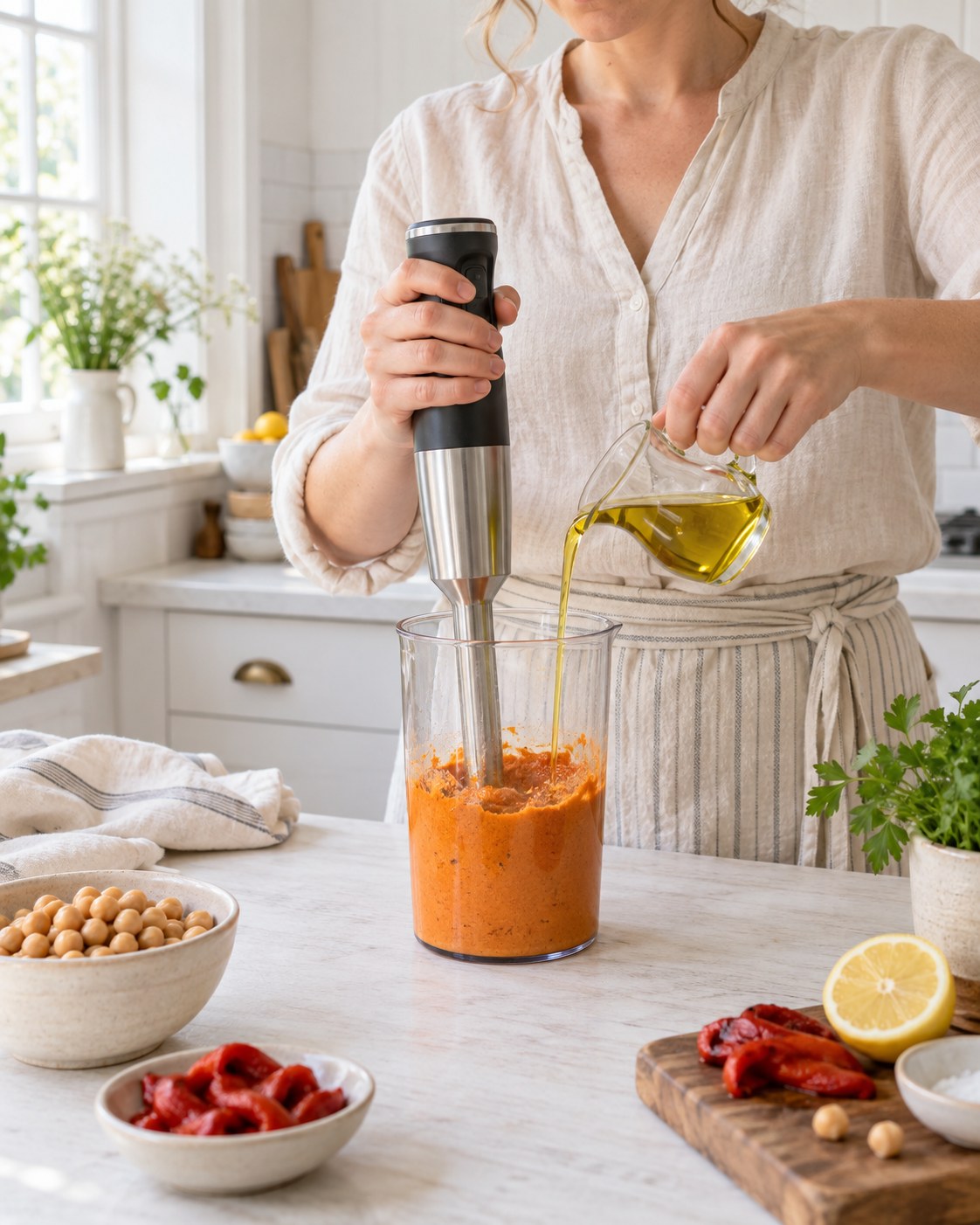 Hands pouring oil in a thin stream into a blender beaker of orange hummus, with chickpeas, roasted pepper and lemon alongside, in a bright cottage kitchen