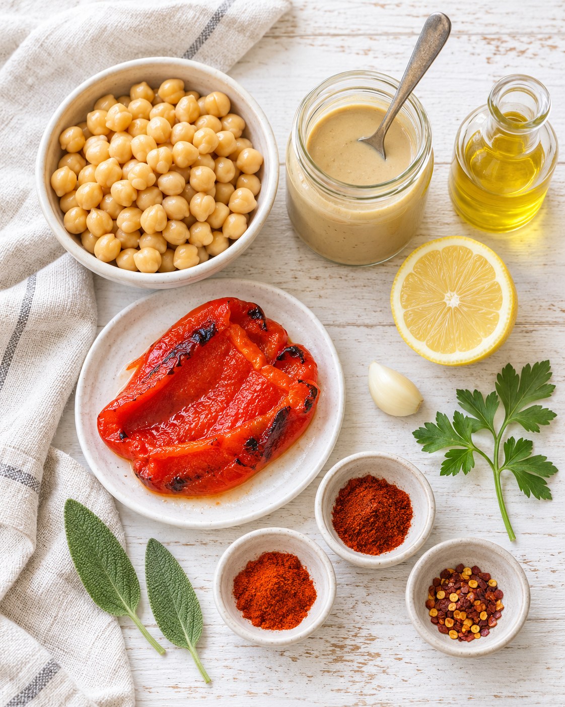 Ingredients for roasted pepper chili hummus on a pale kitchen table: chickpeas, a jar of tahini, roasted red pepper, lemon, garlic and small bowls of spices