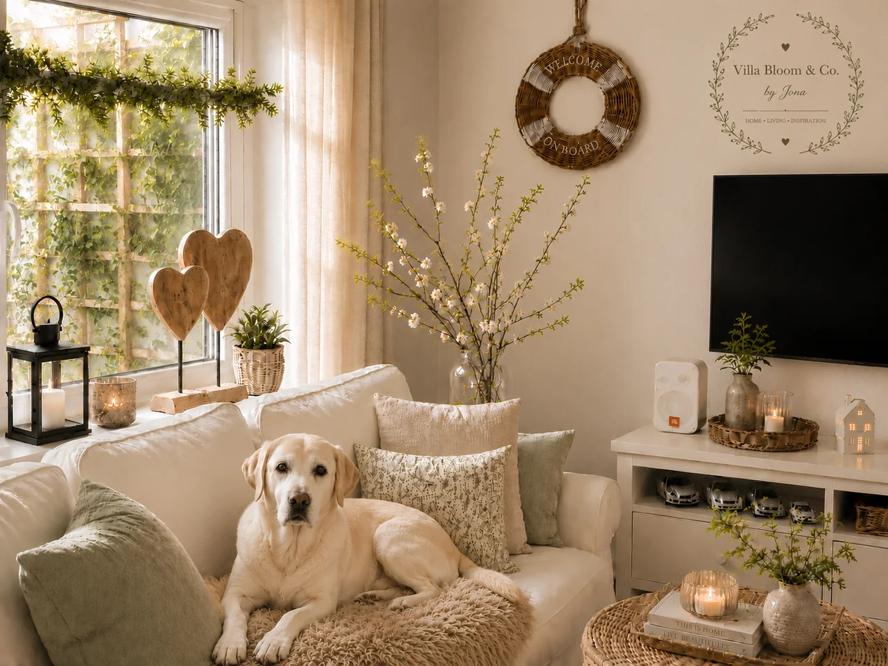 Hund liegt entspannt auf einem cremefarbenen Sofa in einem gemütlichen Wohnzimmer