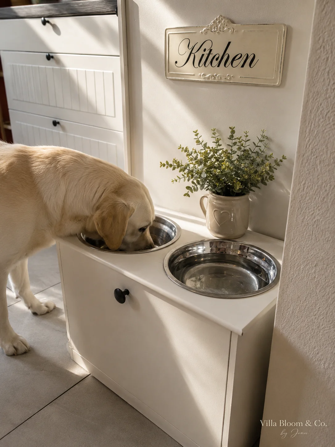 Chien mangeant dans une gamelle en inox à une station-repas crème de style campagne, avec une plaque Kitchen et de l’eucalyptus