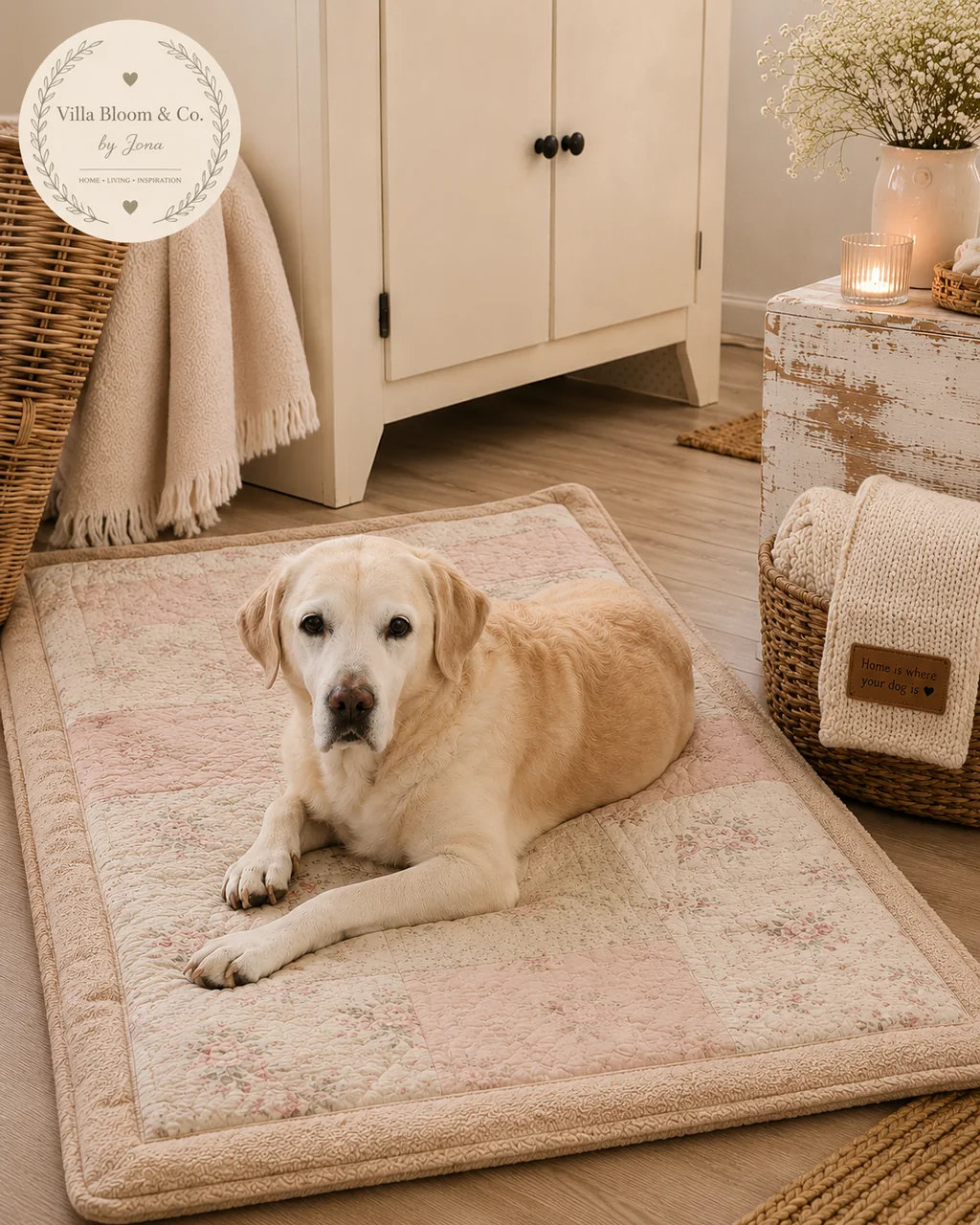 Hund liegt auf einer gemütlichen Hundedecke im Landhausstil neben einem cremefarbenen Schrank
