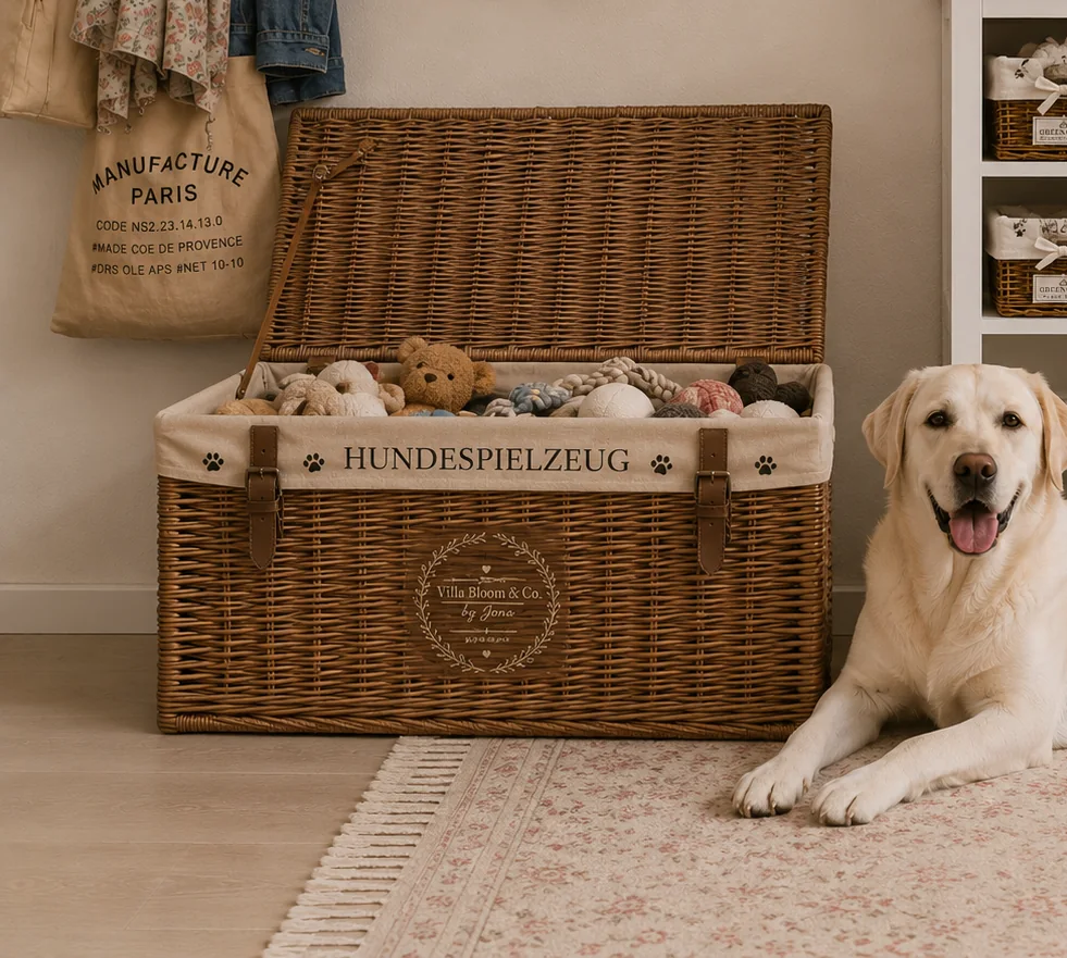 Korbtruhe mit der Aufschrift Hundespielzeug voller Spielsachen, daneben liegt ein Hund