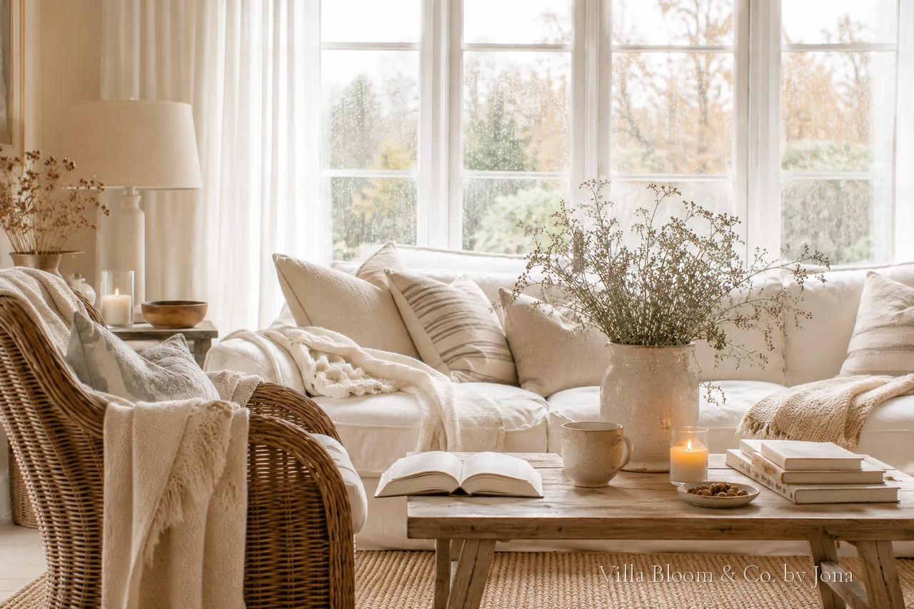 Helles Landhaus-Wohnzimmer im Herbst mit Strickdecken, Kerzen und Trockenblumen